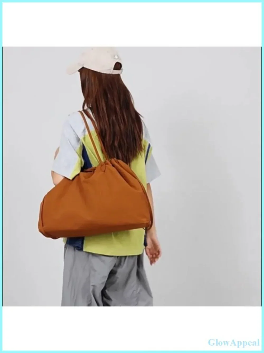 Large Nylon Drawstring Shoulder Tote Bag Work Travel Handbag with Zip Pocket